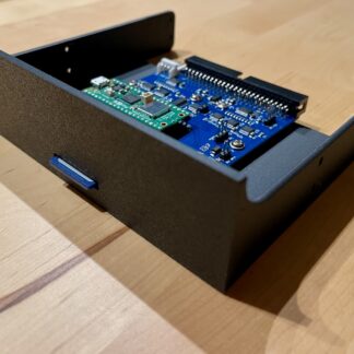 BlueSCSI Desktop tray for 5.25" drive bays with installed BlueSCSI from the front